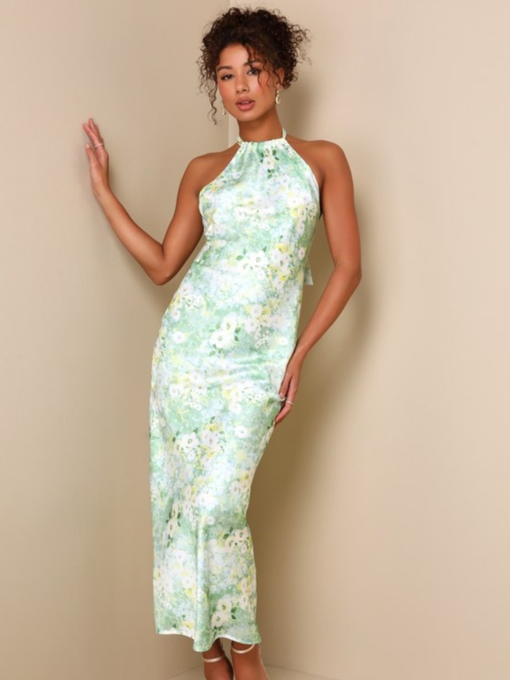 Lulus Glowing Presence Light Green Floral Satin Halter Maxi Dress - Size XS